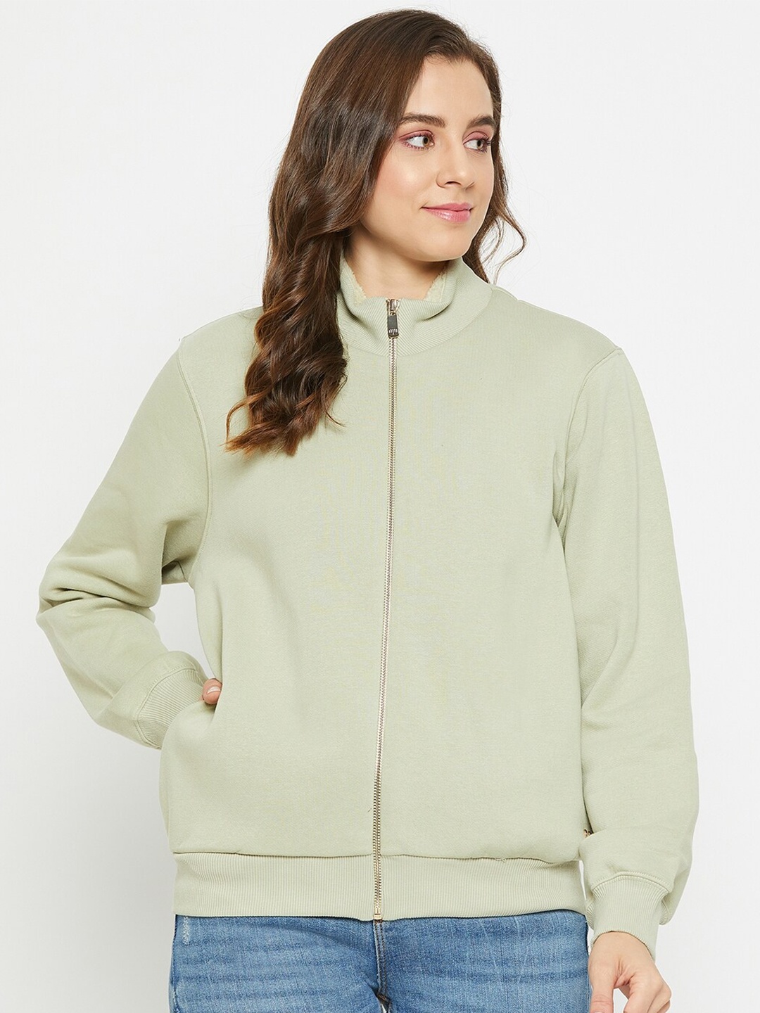 

Madame Cotton Mock Collar Front-Open Sweatshirt, Green