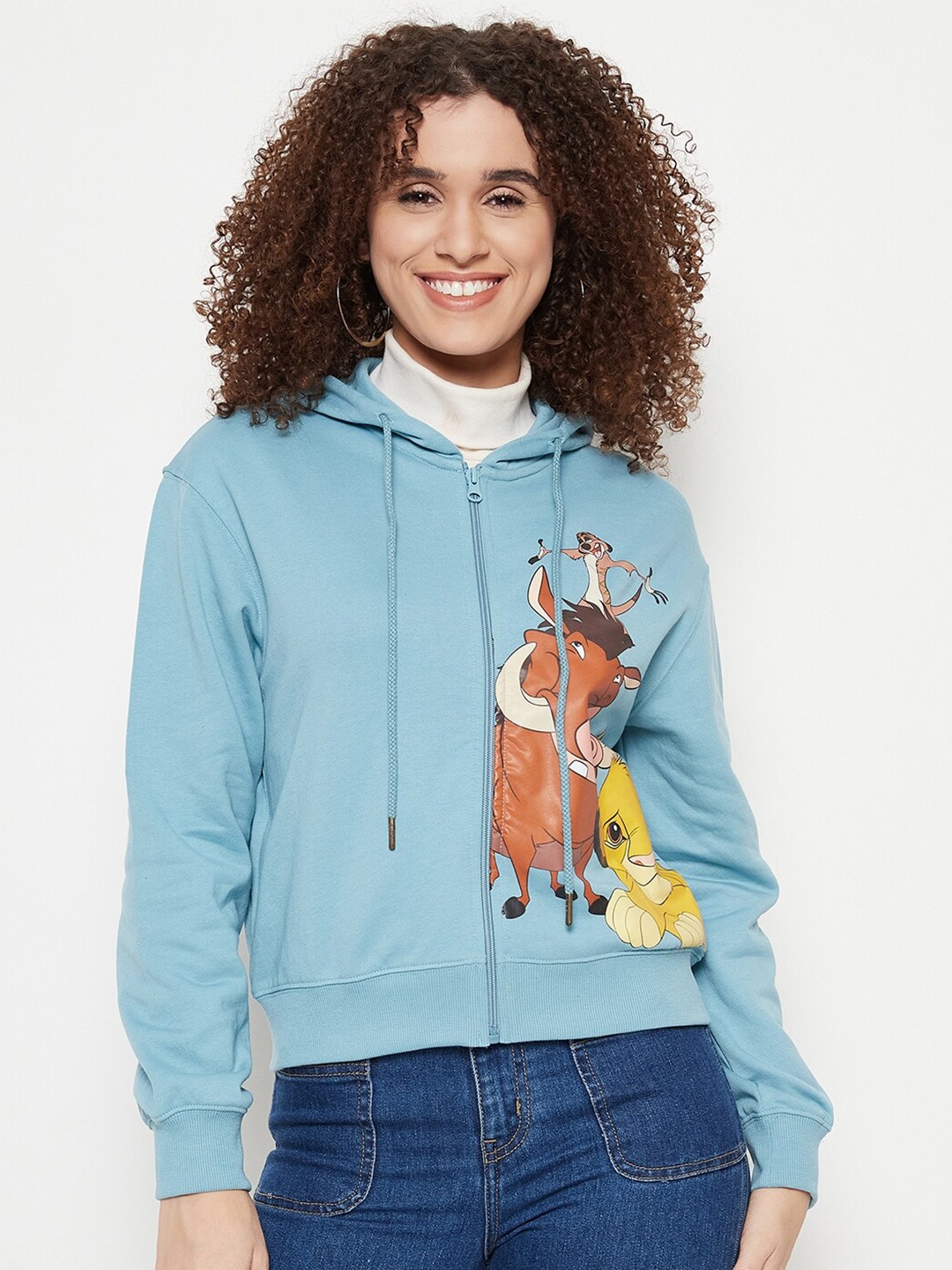 

Madame Lion King Printed Hooded Cotton Pullover, Turquoise blue