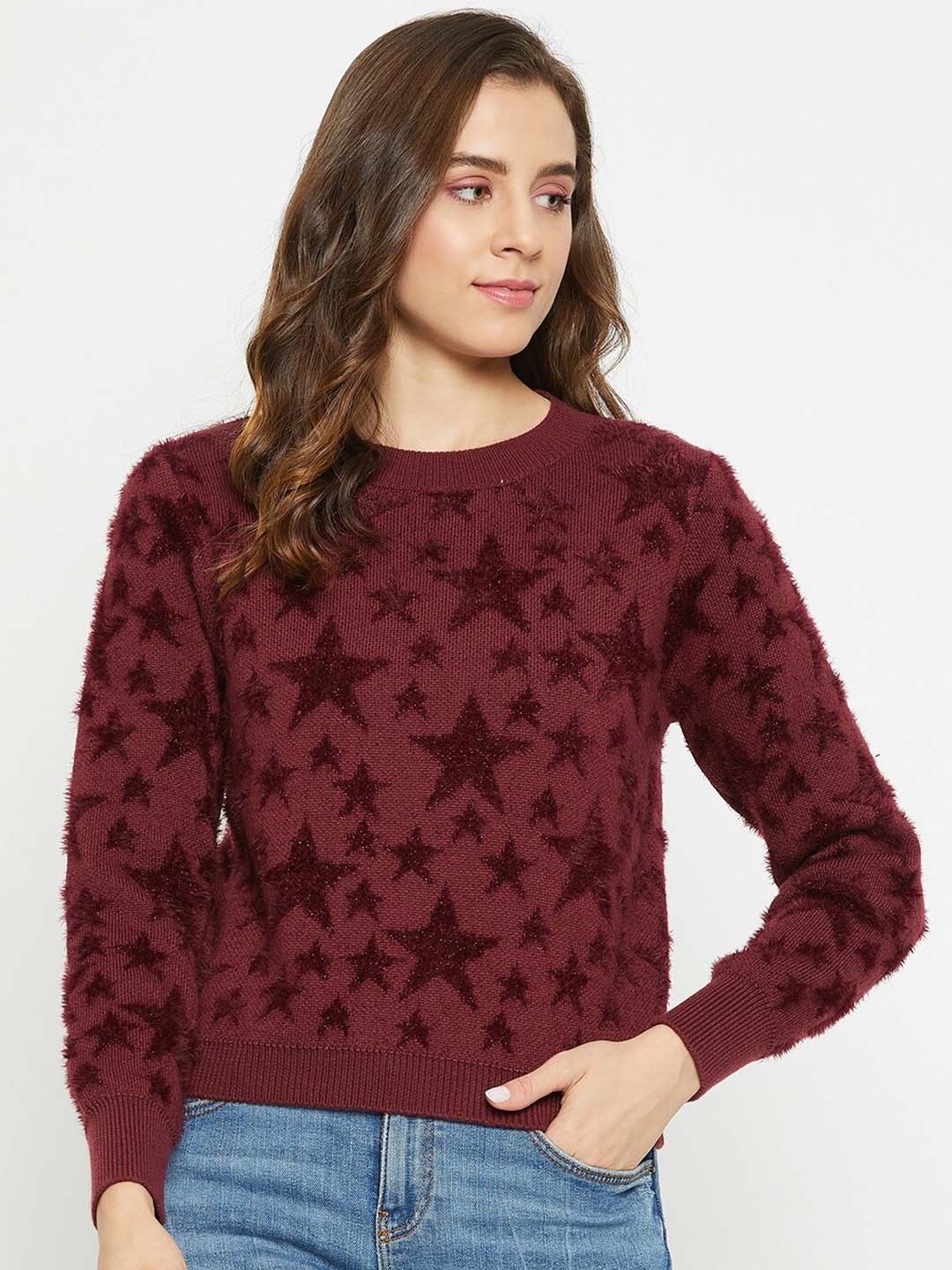 

Madame Self Design Acrylic Pullover Sweater, Burgundy