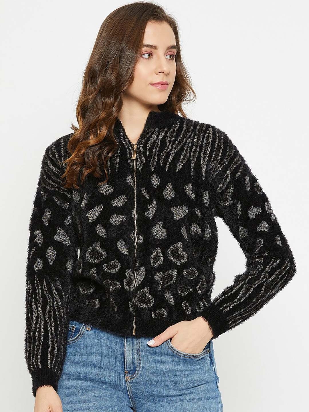 

Madame Printed Acrylic Cardigan Sweater, Black