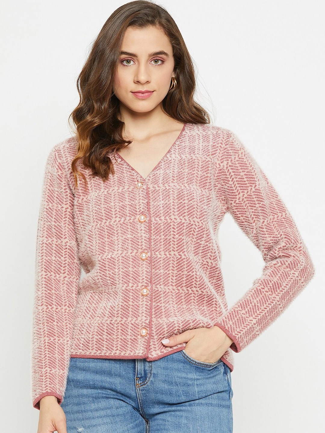 

Madame Checked Acrylic Cardigan Sweater, Mauve
