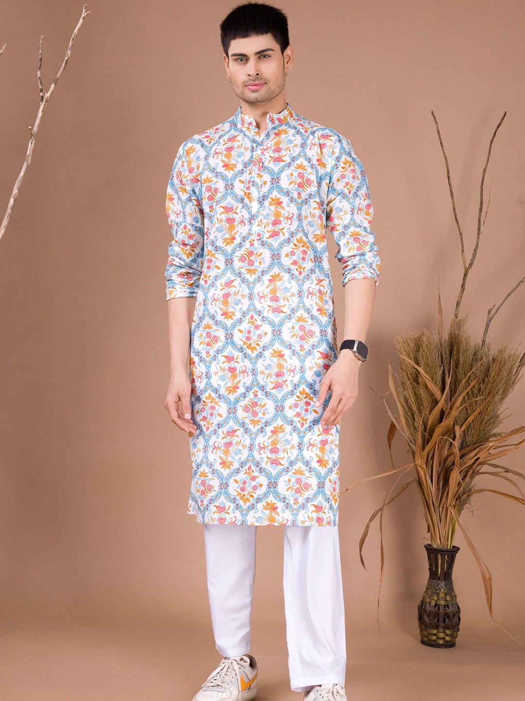 

SHIWAM ETHNIX Ethnic Motifs Printed Mandarin Collar Straight Kurta, Blue