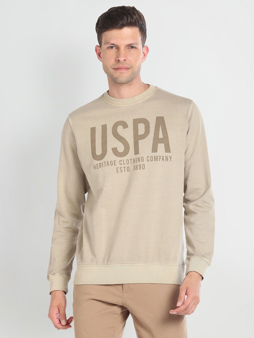 

U.S. Polo Assn. Typography Printed Round Neck Pullover, Beige
