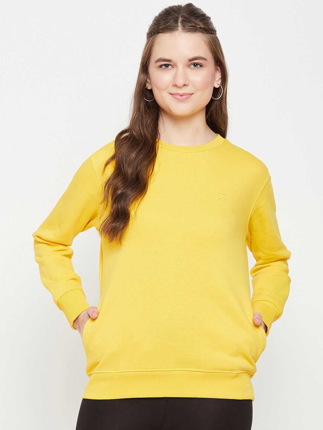 

EDRIO Round Neck Long Sleeves Cotton Pullover Sweatshirt, Yellow