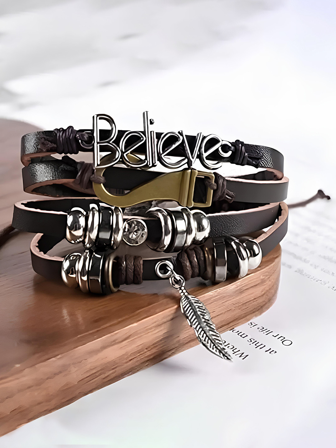 

KARISHMA KREATIONS Men Leather Silver-Plated Multistrand Bracelet, Brown