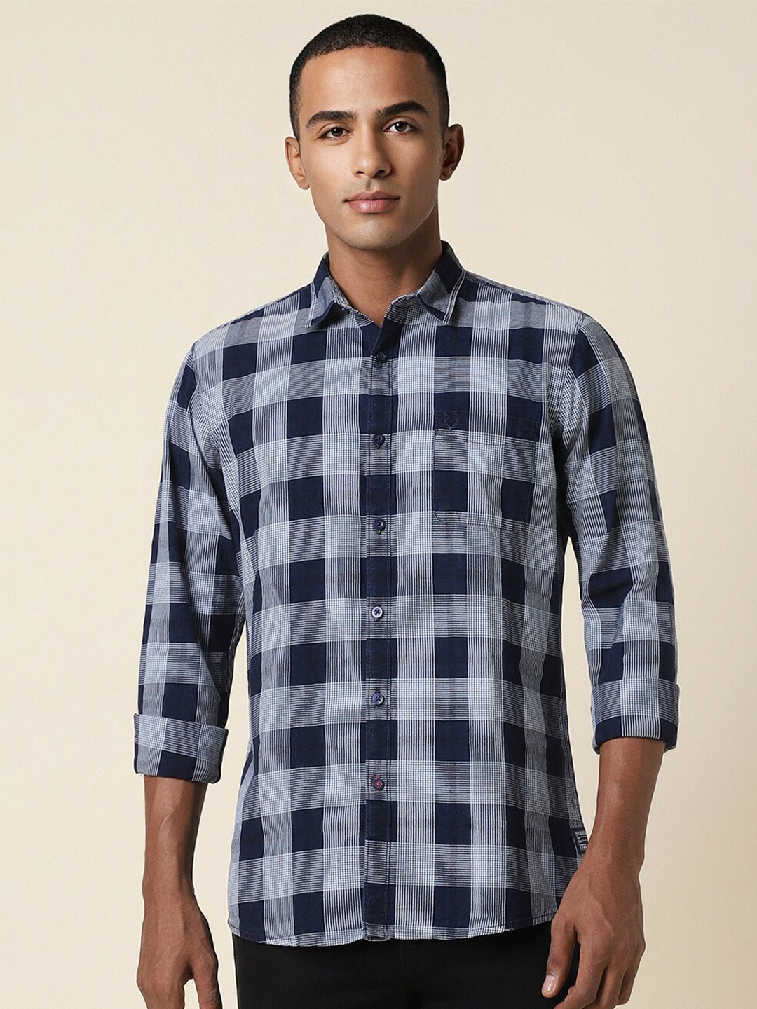 

Allen Solly Buffalo Checks Opaque Pure Cotton Casual Shirt, Navy blue