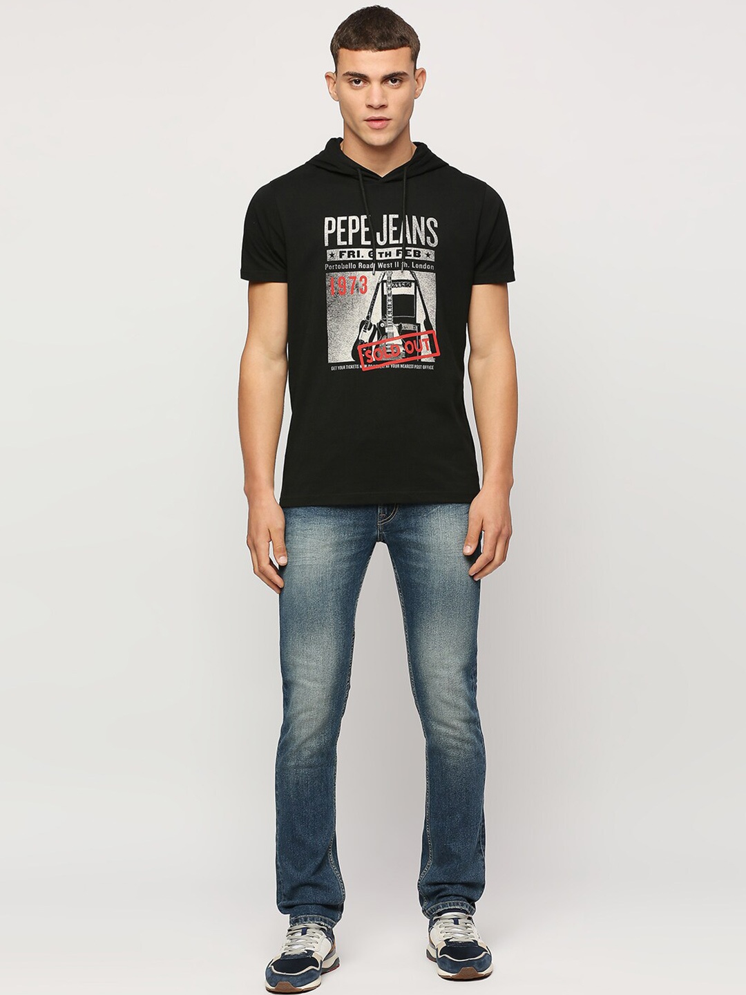 

Pepe Jeans Graphic Printed Hooded Pure Cotton Slim Fit T-shirt, Black