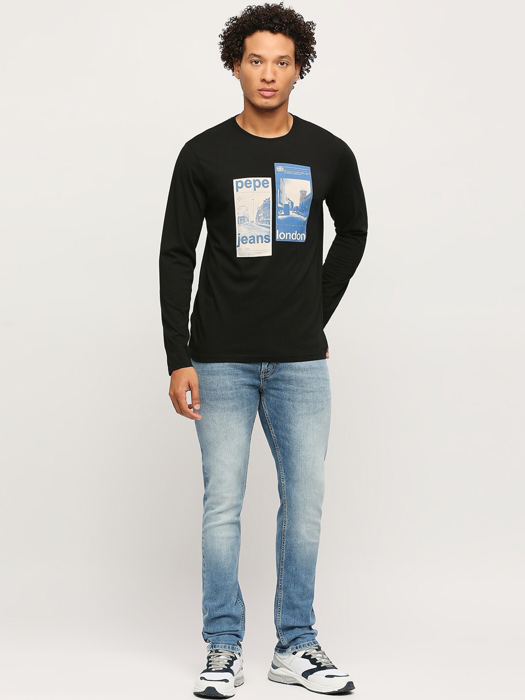 

Pepe Jeans Graphic Printed Long Sleeves Pure Cotton Slim Fit T-shirt, Black