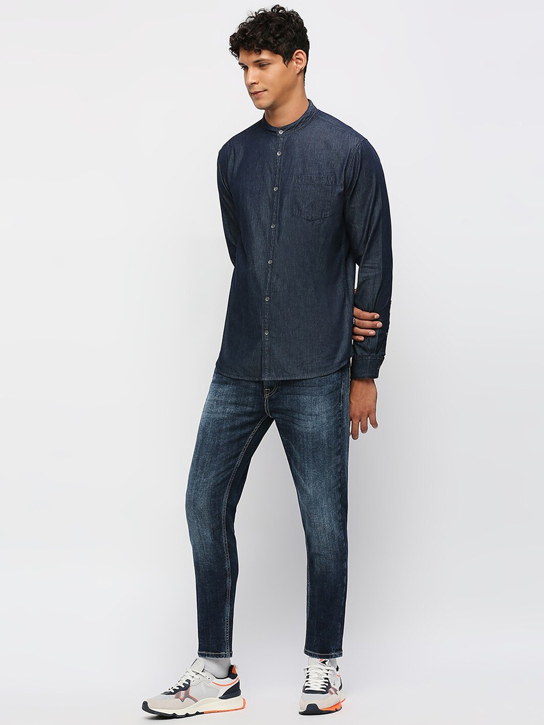 

Pepe Jeans Slim Fit Band Collar Pure Cotton Denim Casual Shirt, Blue