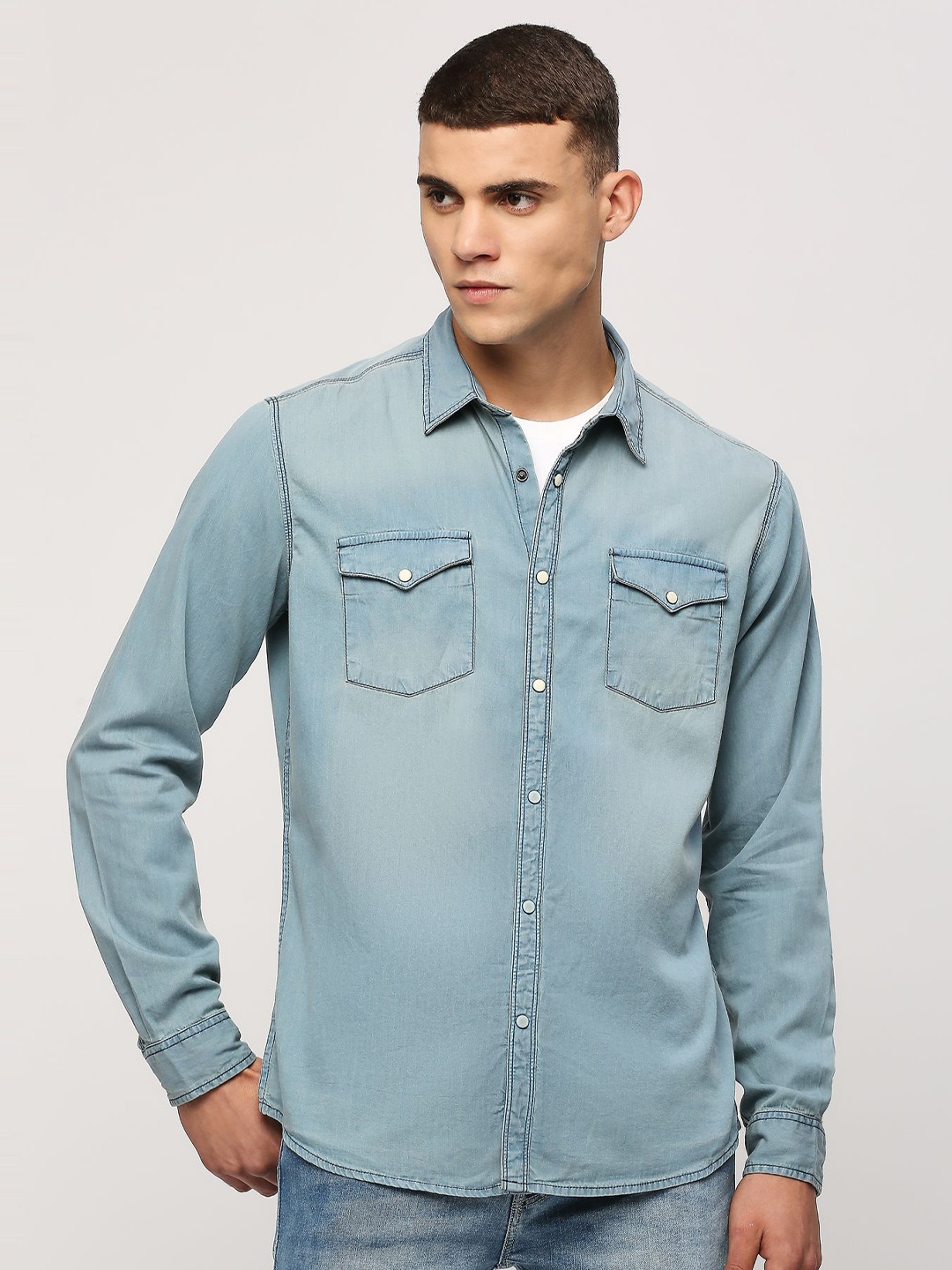 

Pepe Jeans Slim Fit Faded Spread Collar Long Sleeves Pure Cotton Casual Shirt, Blue