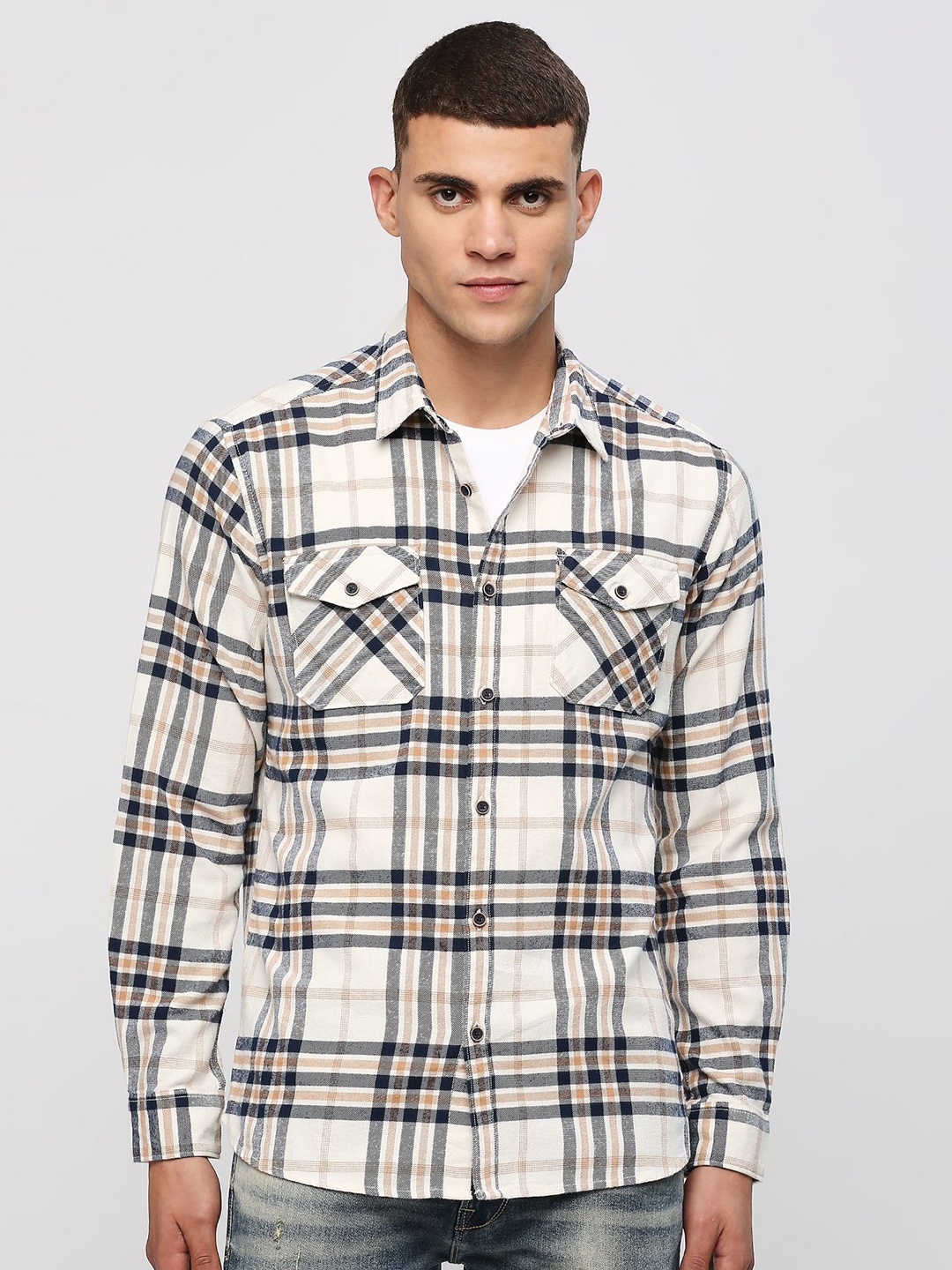 

Pepe Jeans Slim Fit Checked Spread Collar Long Sleeves Pure Cotton Casual Shirt, Off white