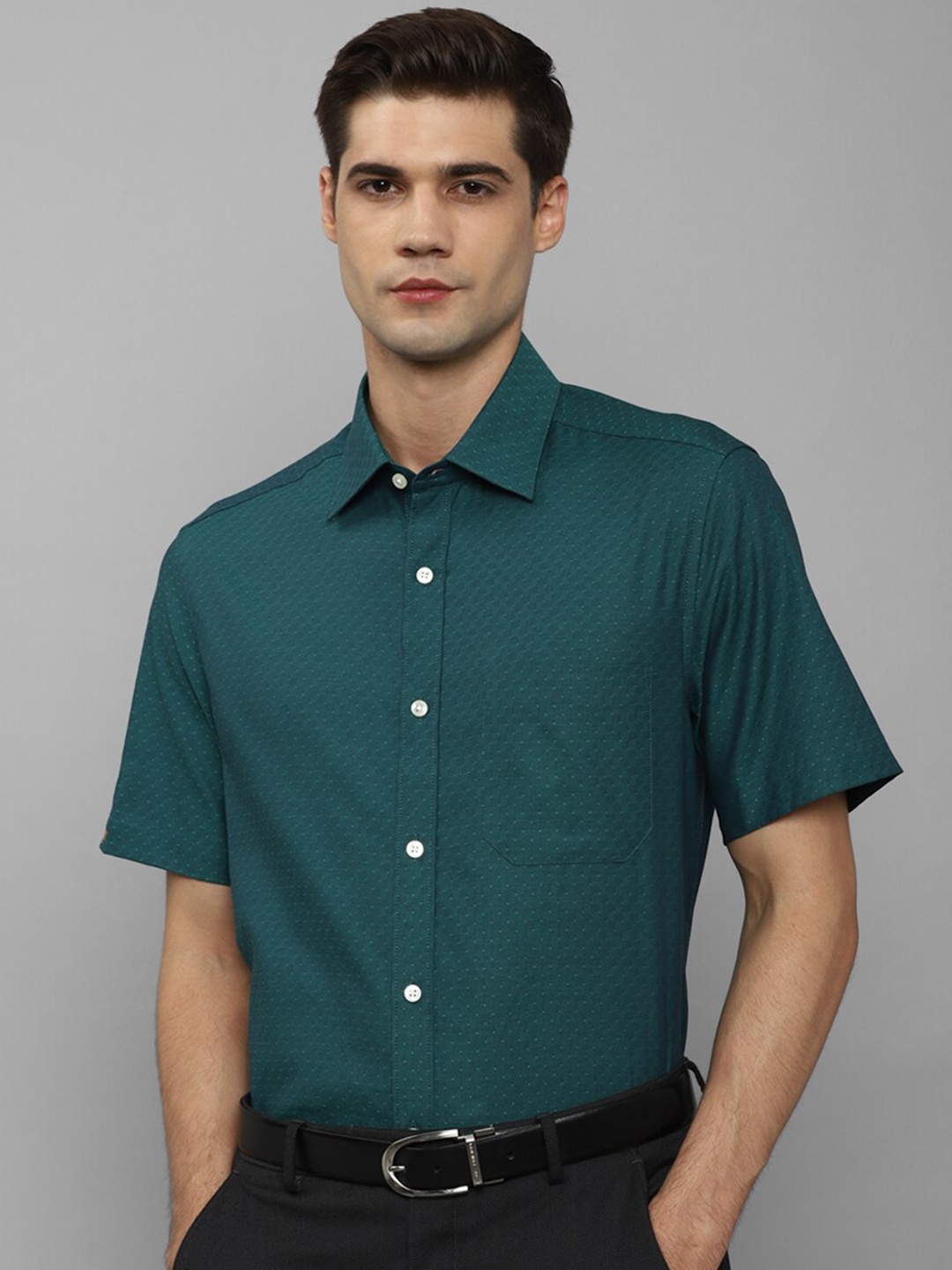 

Louis Philippe Classic Fit Self Design Opaque Pure Cotton Formal Shirt, Green