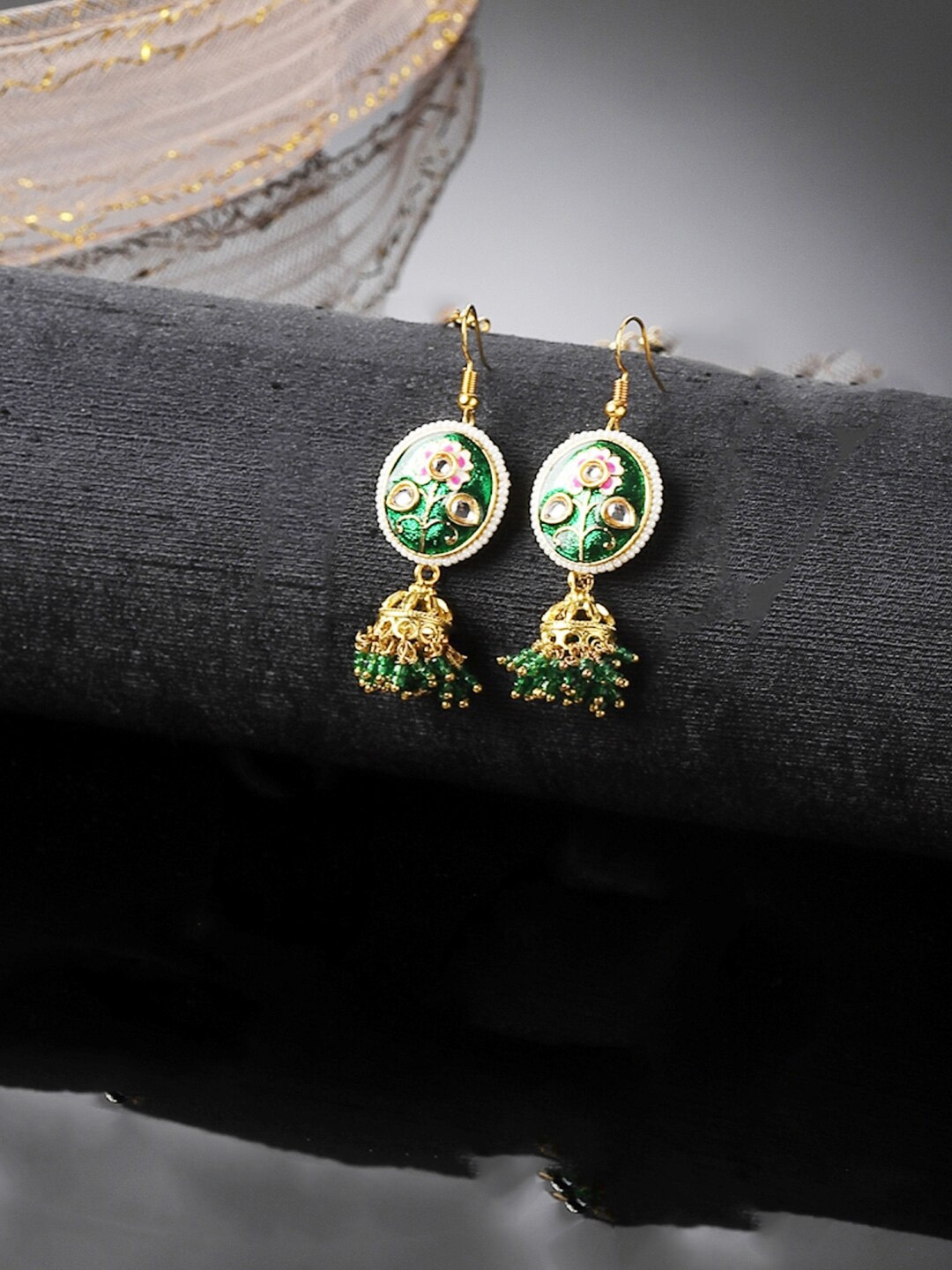 

DUGRISTYLE Gold-Plated Kundan Contemporary Enamelled Drop Earrings