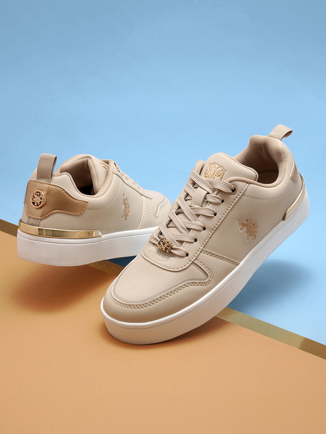 

U.S. Polo Assn. Women Arya Contrast Sole Lace-Up Sneakers, Beige