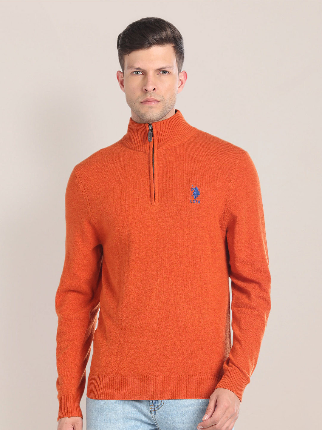 

U.S. Polo Assn. Embroidered Brand Logo Mock Collar Long Sleeves Pullover, Orange