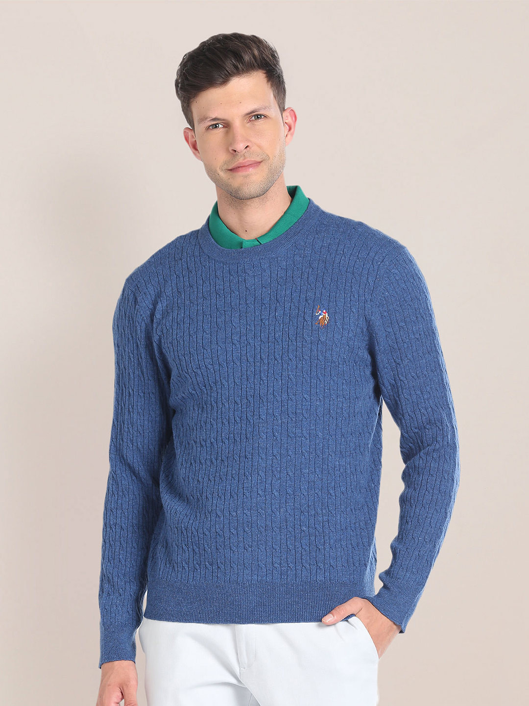 

U.S. Polo Assn. Cable Knit Self Design Round Neck Pullover Sweater, Blue