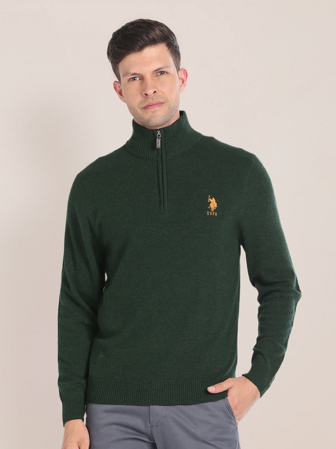 

U.S. Polo Assn. Mock Collar Woollen Pullover, Green