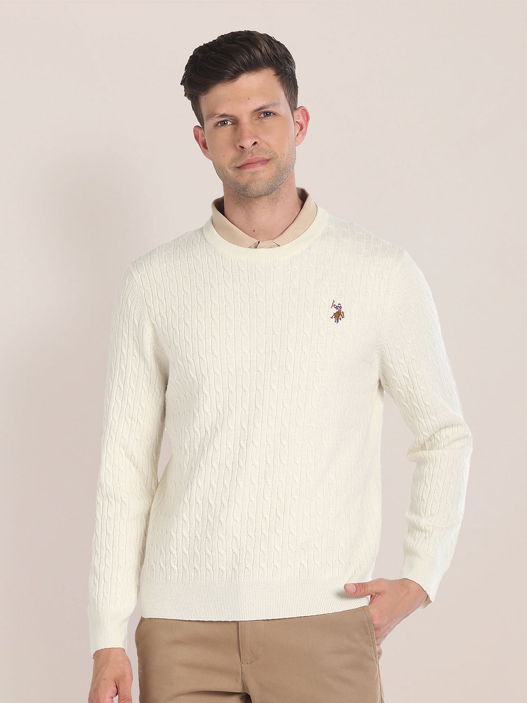 

U.S. Polo Assn. Self Design Cable Knit Pullover, White