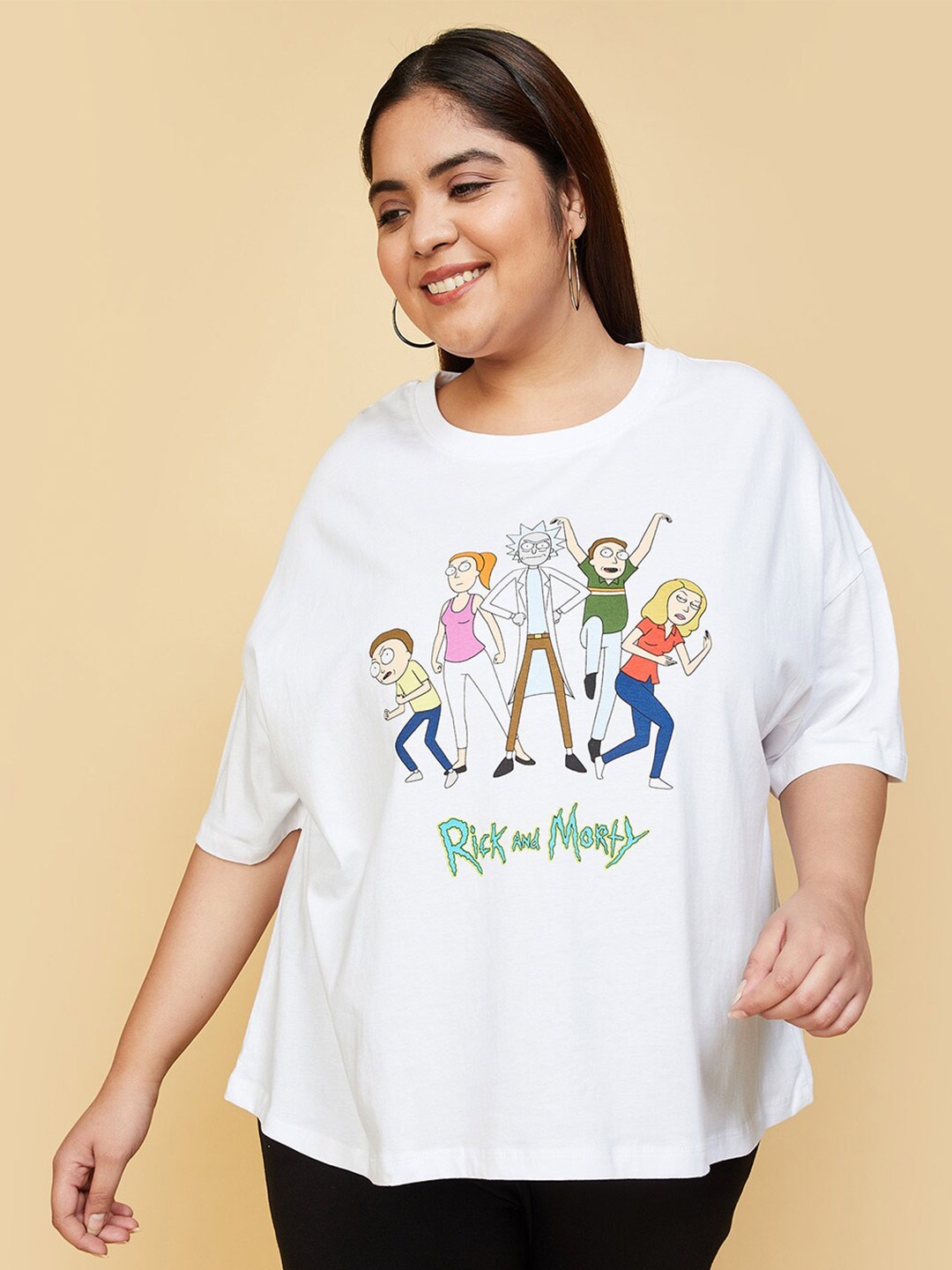 

max Plus Size Graphic Printed Drop-Shoulder Sleeves Pure Cotton T-shirt, White