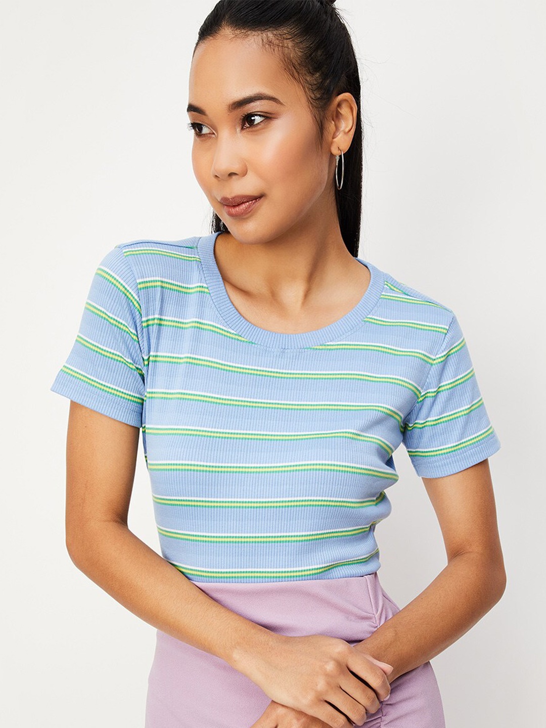 

max Striped Round Neck Casual T-shirt, Blue