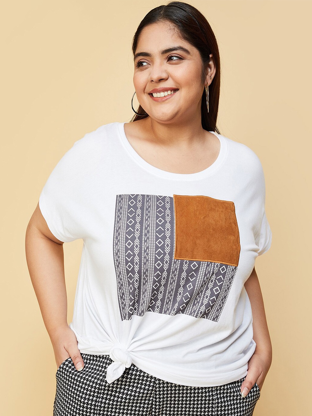 

max Plus Size Ethnic Motifs Printed Extended Sleeves Pure Cotton T-shirt, White