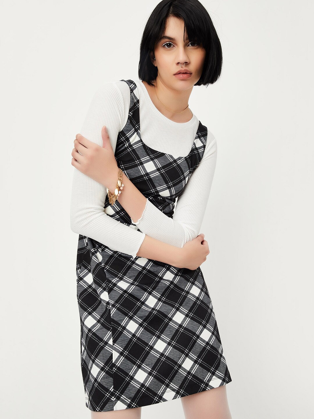 

max Checked Square Neck Sleeveless Pinafore Dress With T-shirt, Black