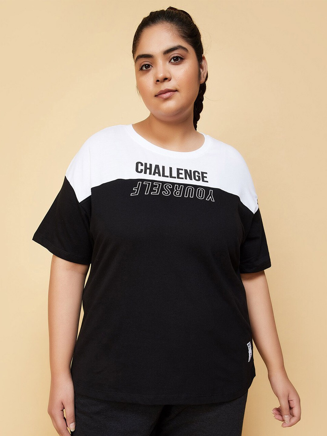 

max Plus Size Typography Printed Drop-Shoulder Sleeves Pure Cotton T-shirt, Black