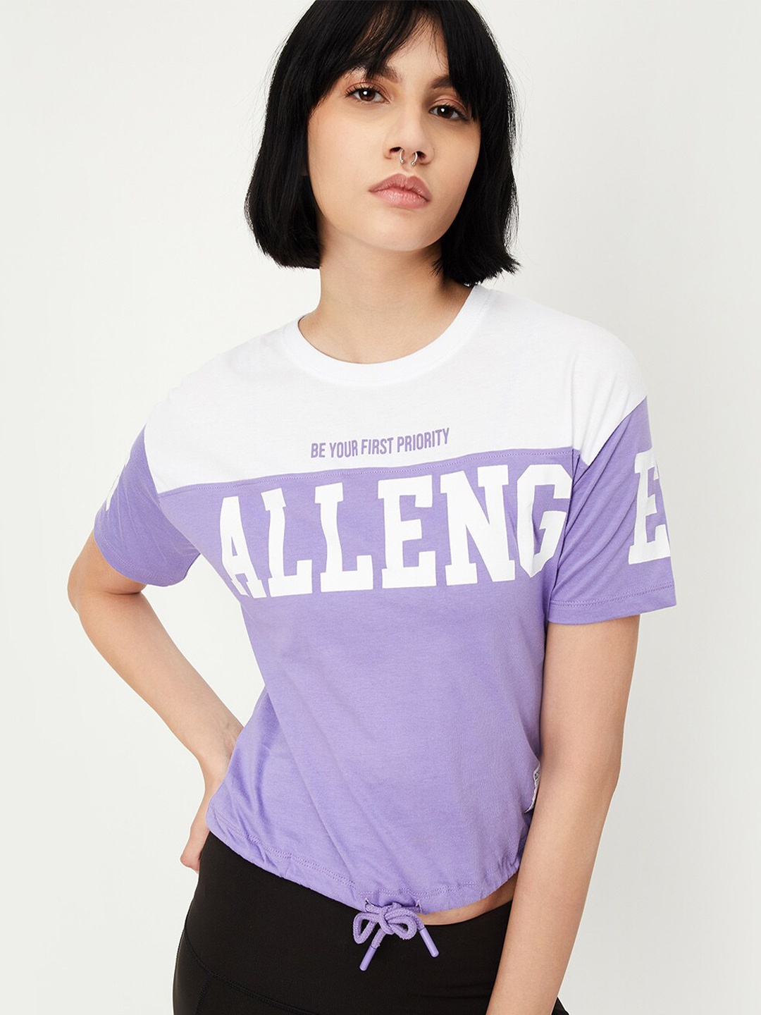 

max Typography Printed Pure Cotton Crop T-shirt, Purple