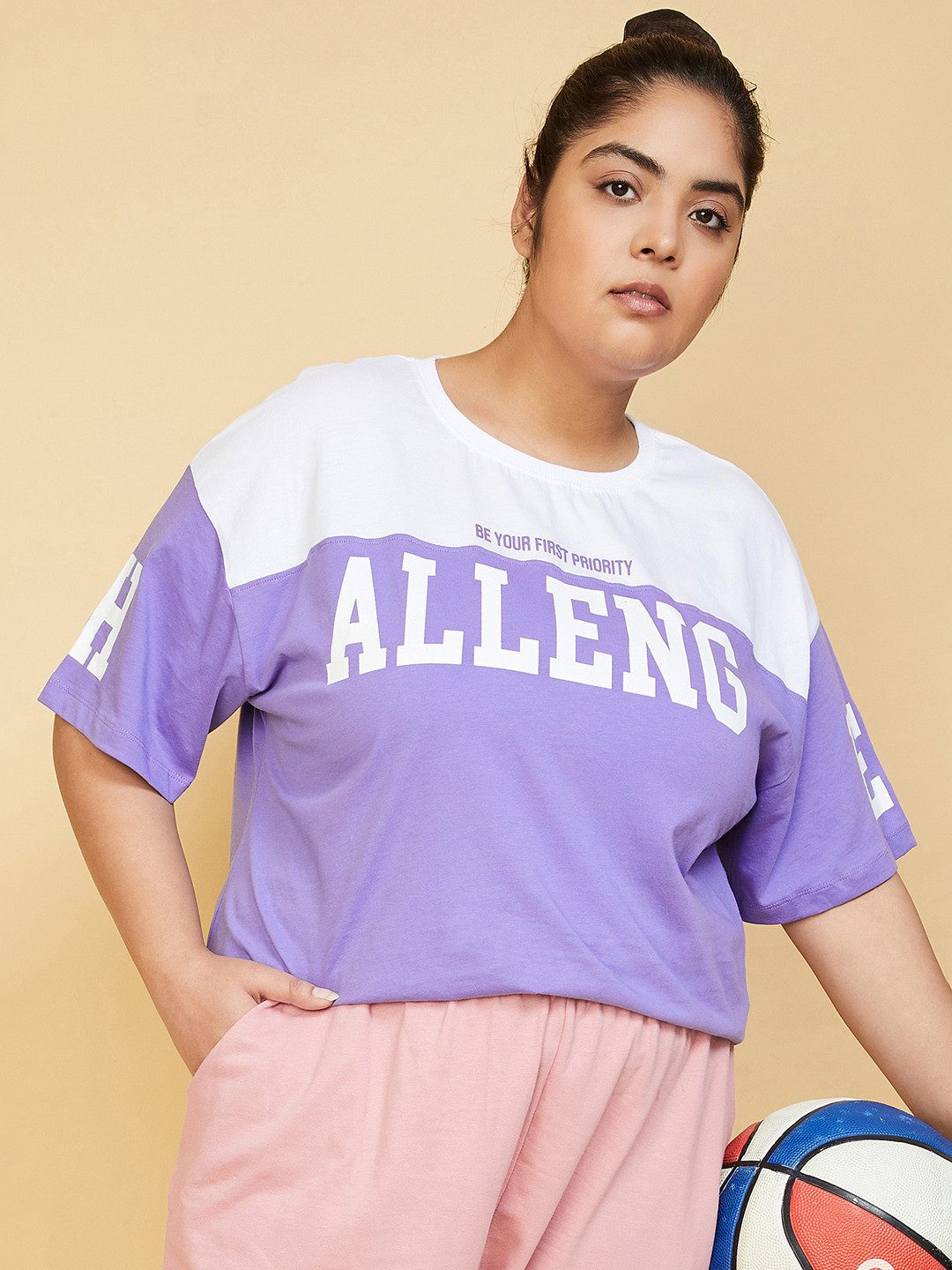 

max Women Purple Typography Printed Extended Sleeves Raw Edge T-shirt