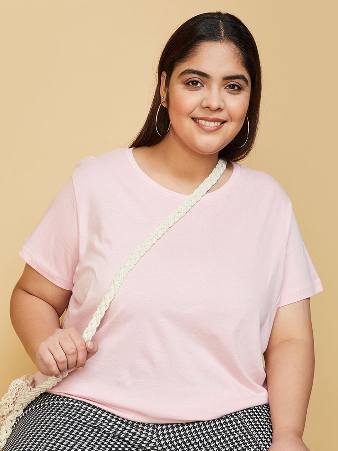 

max Plus Size Round Neck Pure Cotton T-shirt, Pink