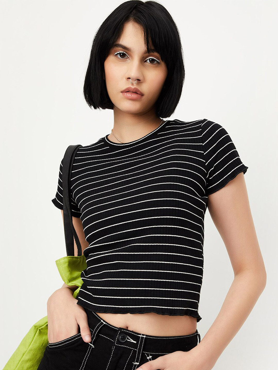 

max Striped Cropped T-shirt, Black