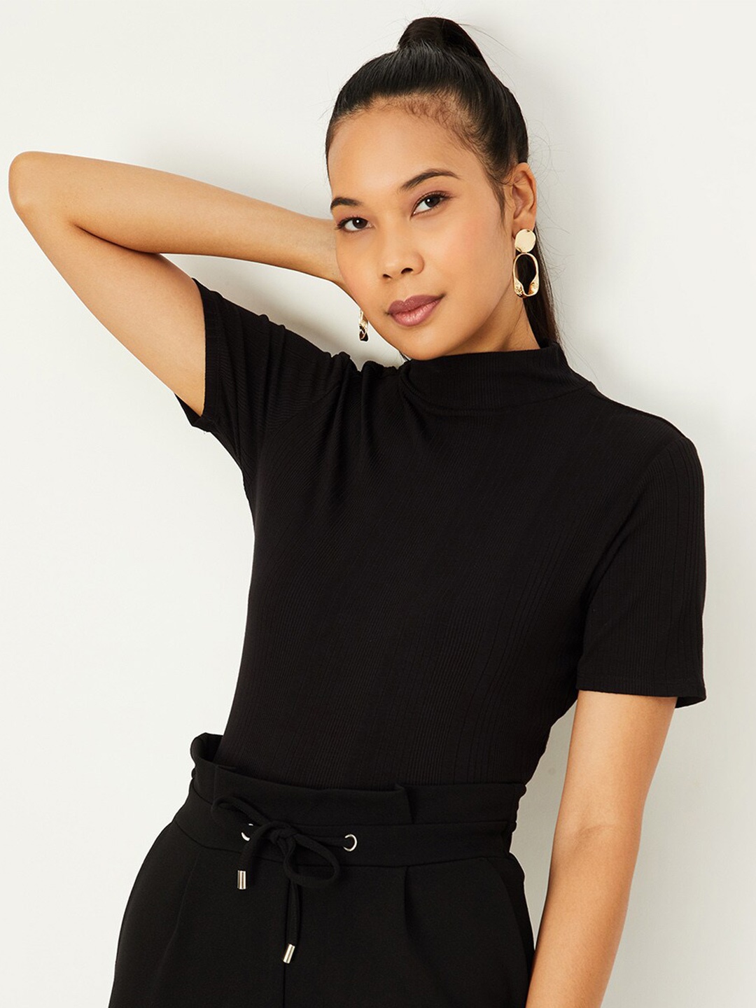 

max High Neck Cotton Casual T-shirt, Black