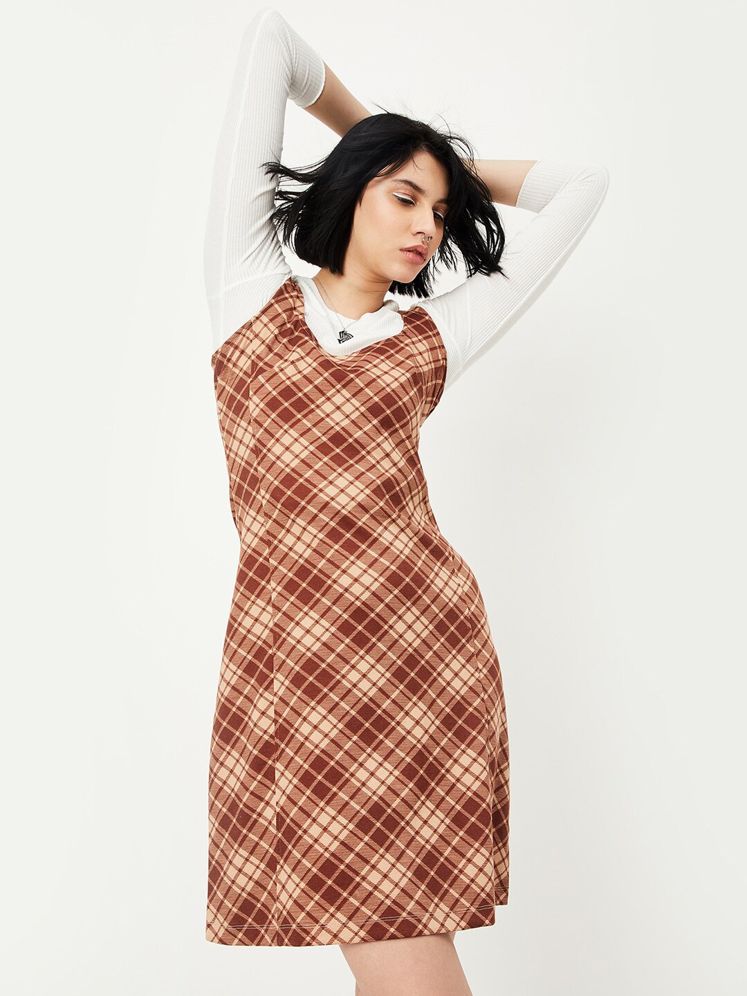 

max Checked Shoulder Straps Cut-Out A-Line Dress, Brown