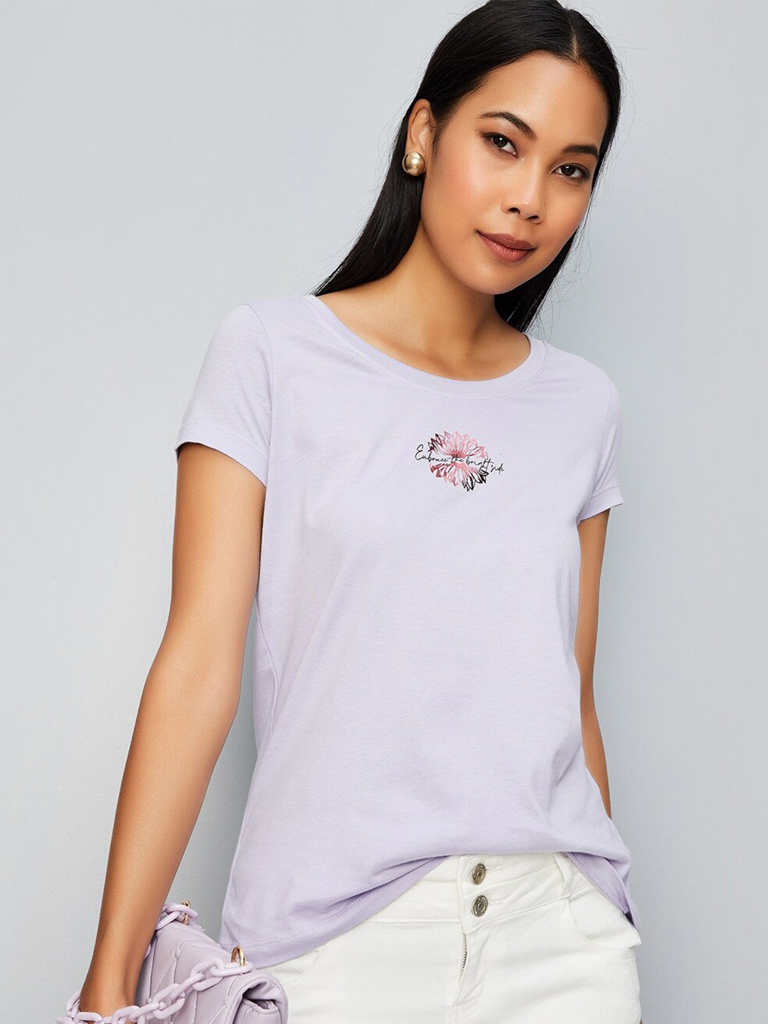 

max Typography Printed Round Neck Pure Cotton T-shirt, Lavender