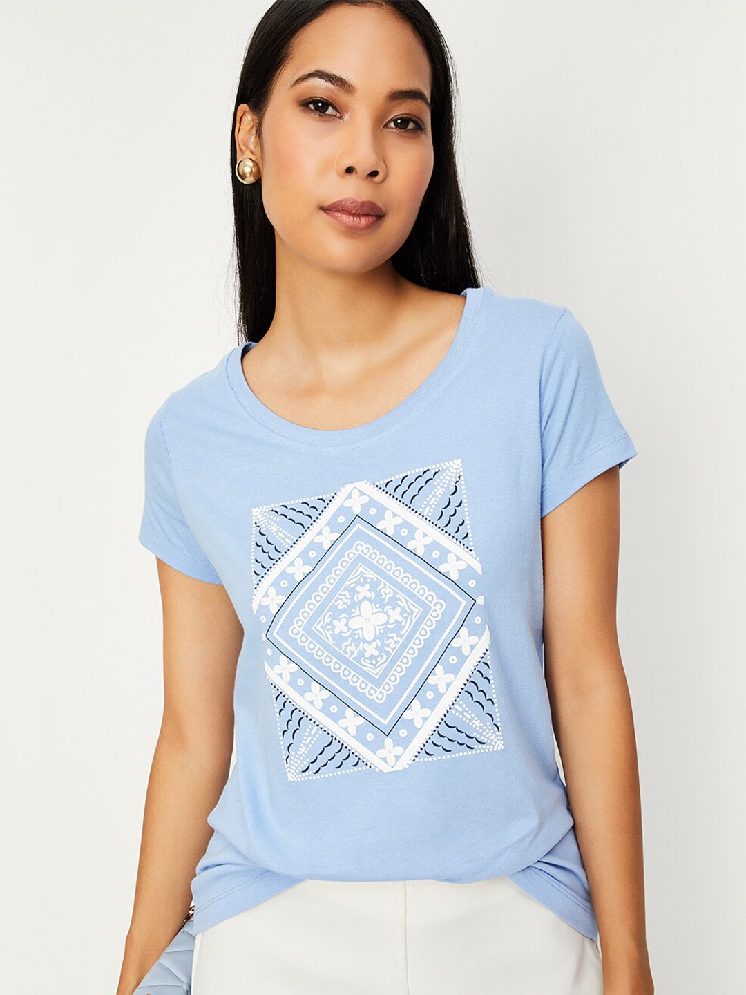 

max Floral Printed Round Neck Pure Cotton Casual T-shirt, Blue