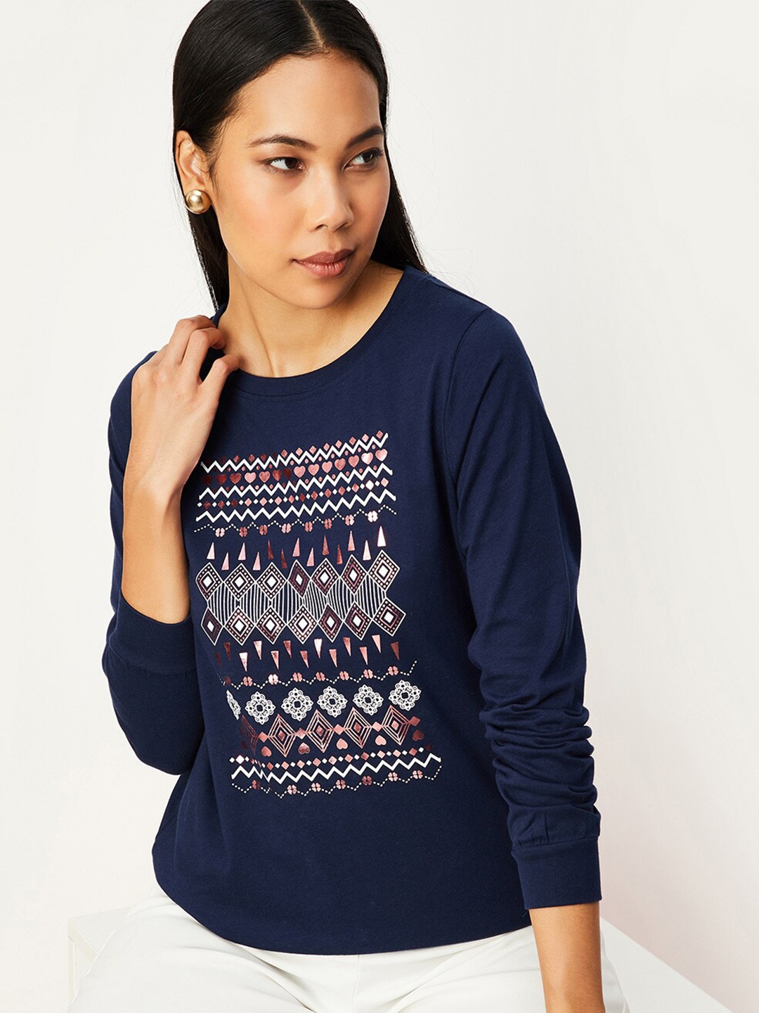 max Geometric Printed Cotton T-shirt, Navy blue
