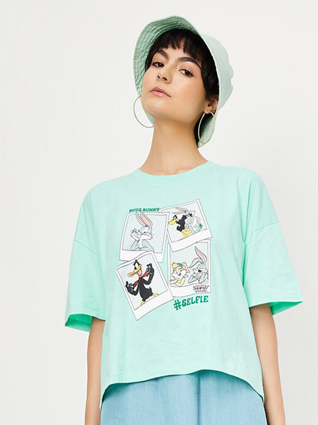 

max Bugs Bunny Printed Drop-Shoulder Sleeves Cotton T-shirt, Blue