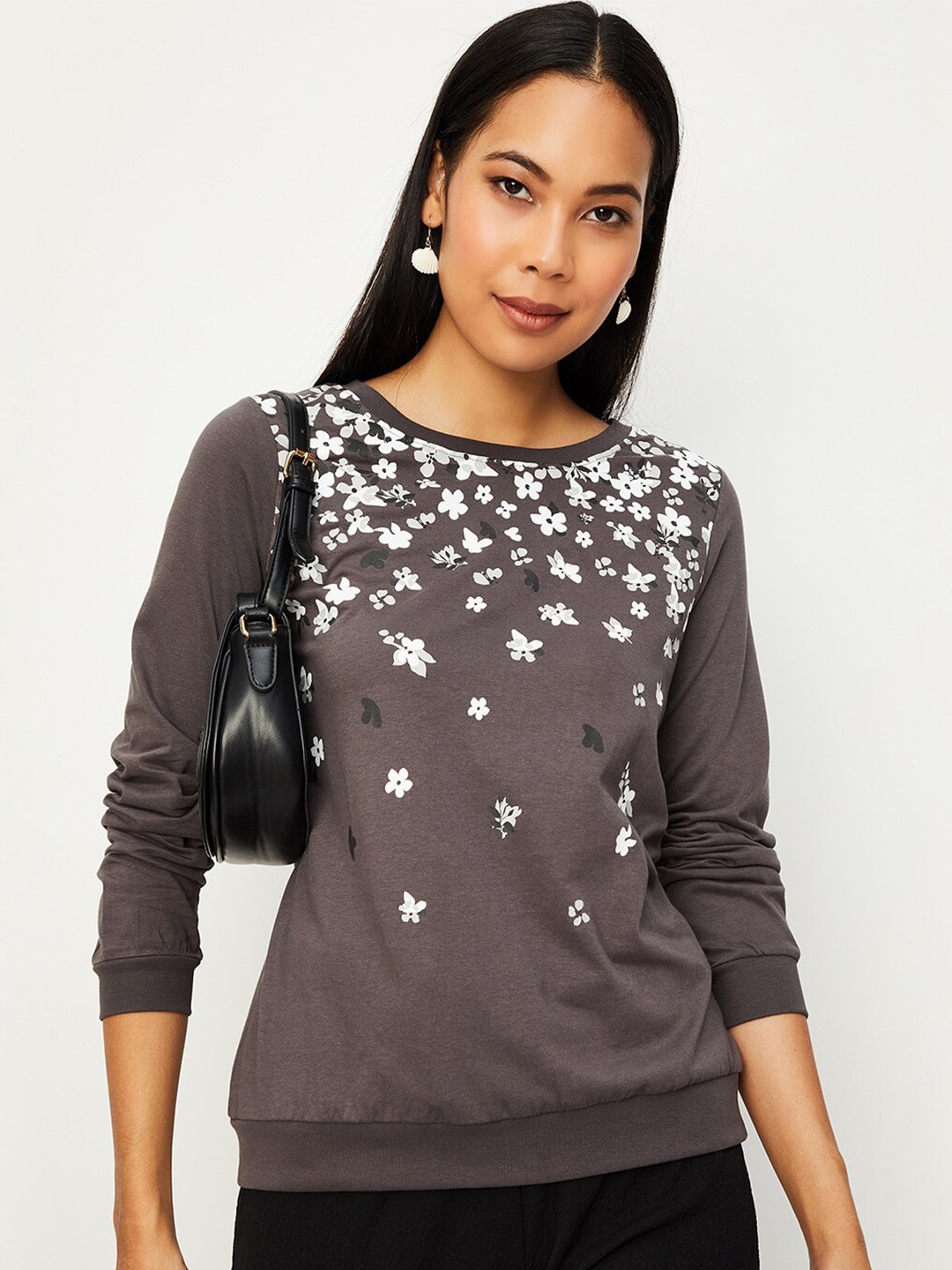 

max Floral Printed Cotton T-shirt, Grey