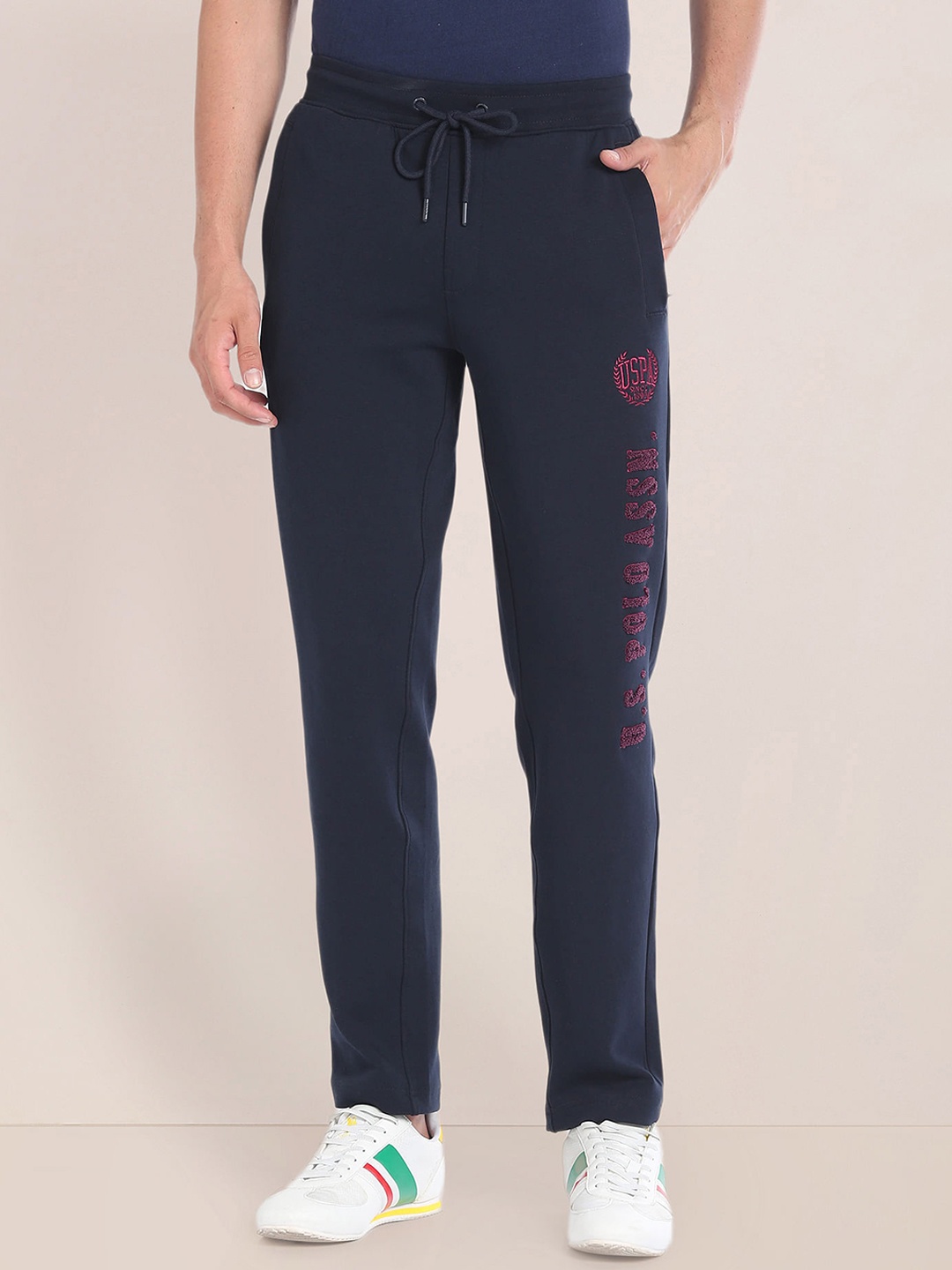 

U.S. Polo Assn. Men Straight-Fit Mid-Rise Brand Name Printed Track Pants, Navy blue