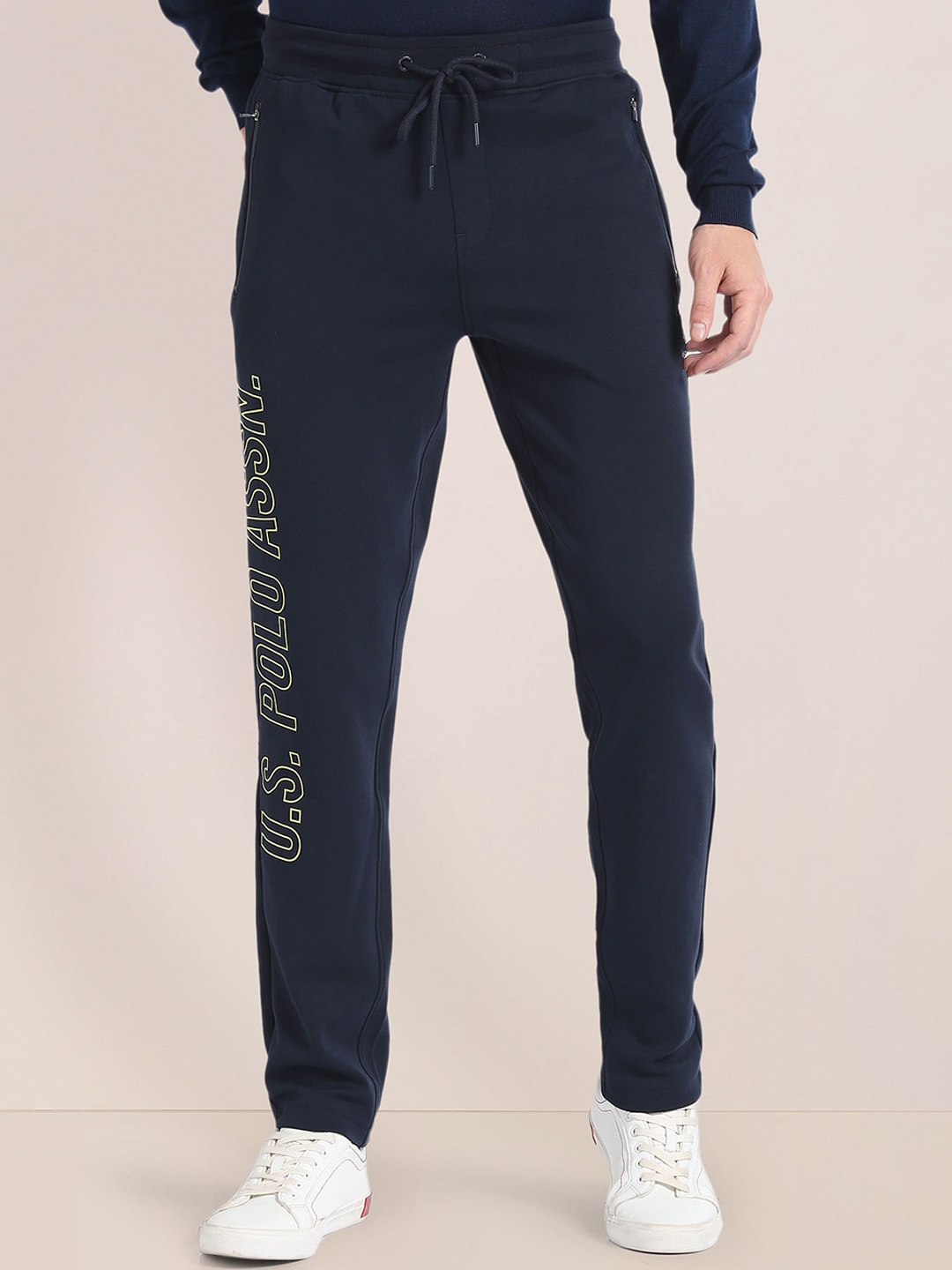 

U.S. Polo Assn. Men Slim-Fit Mid-Rise Brand Name Printed Track Pants, Navy blue