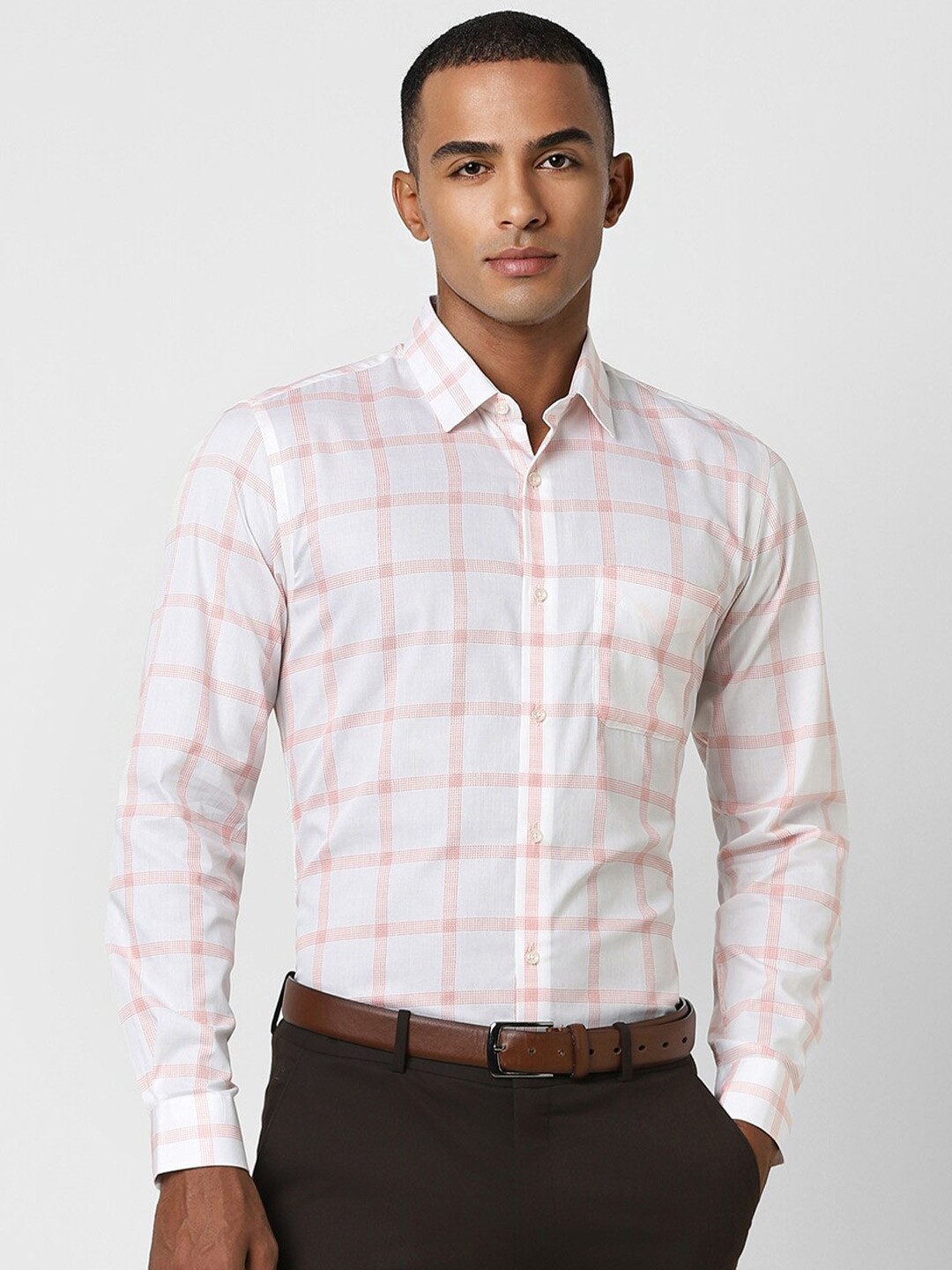 

Peter England Slim Fit Windowpane Checked Spread Collar Pure Cotton Formal Shirt, White