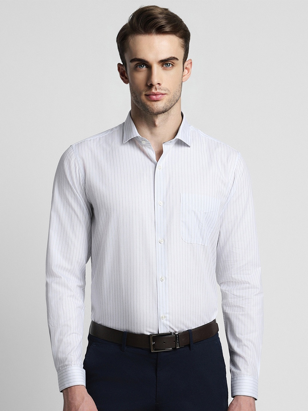

Peter England Men White Slim Fit Opaque Striped Formal Shirt
