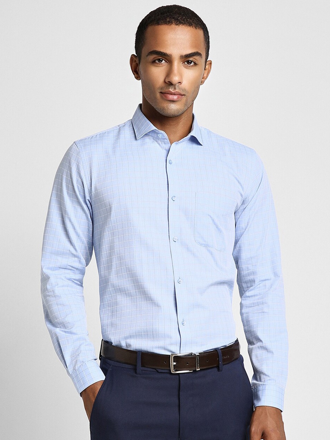 

Peter England Slim Fit Checked Opaque Formal Shirt, Blue