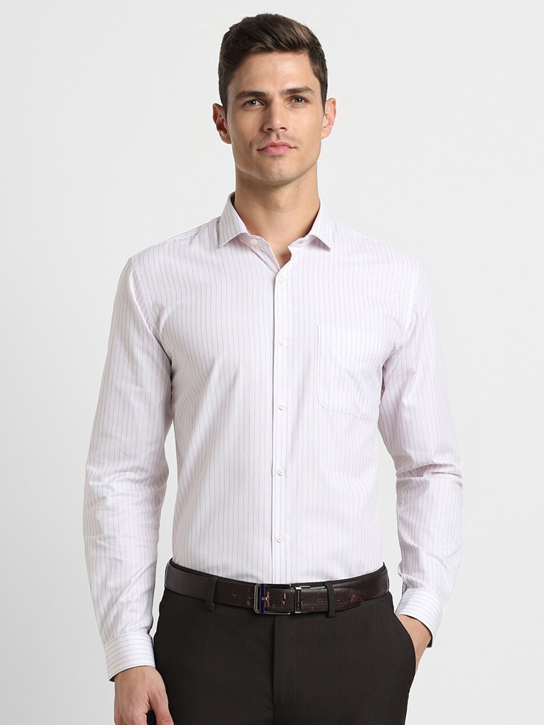 

Peter England Slim Fit Opaque Striped Formal Shirt, Pink