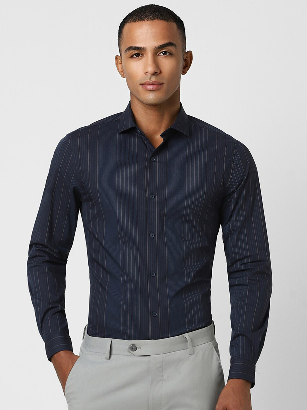 

Peter England Slim Fit Opaque Striped Formal Shirt, Navy blue