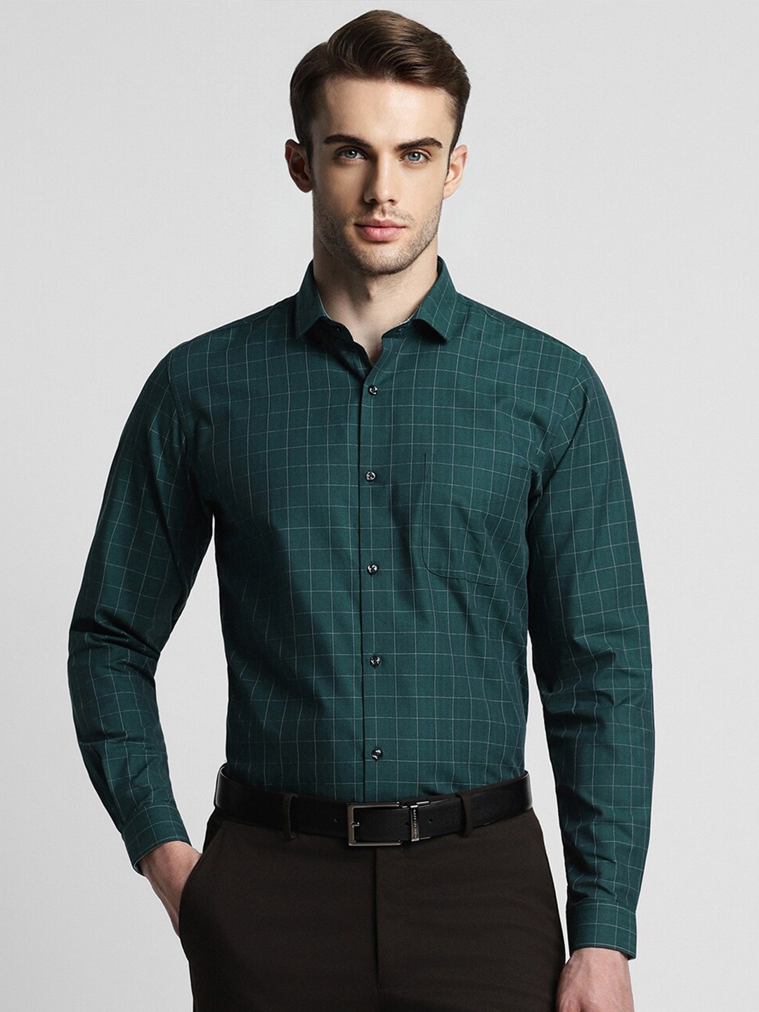 

Peter England Slim Fit Opaque Checked Formal Shirt, Green