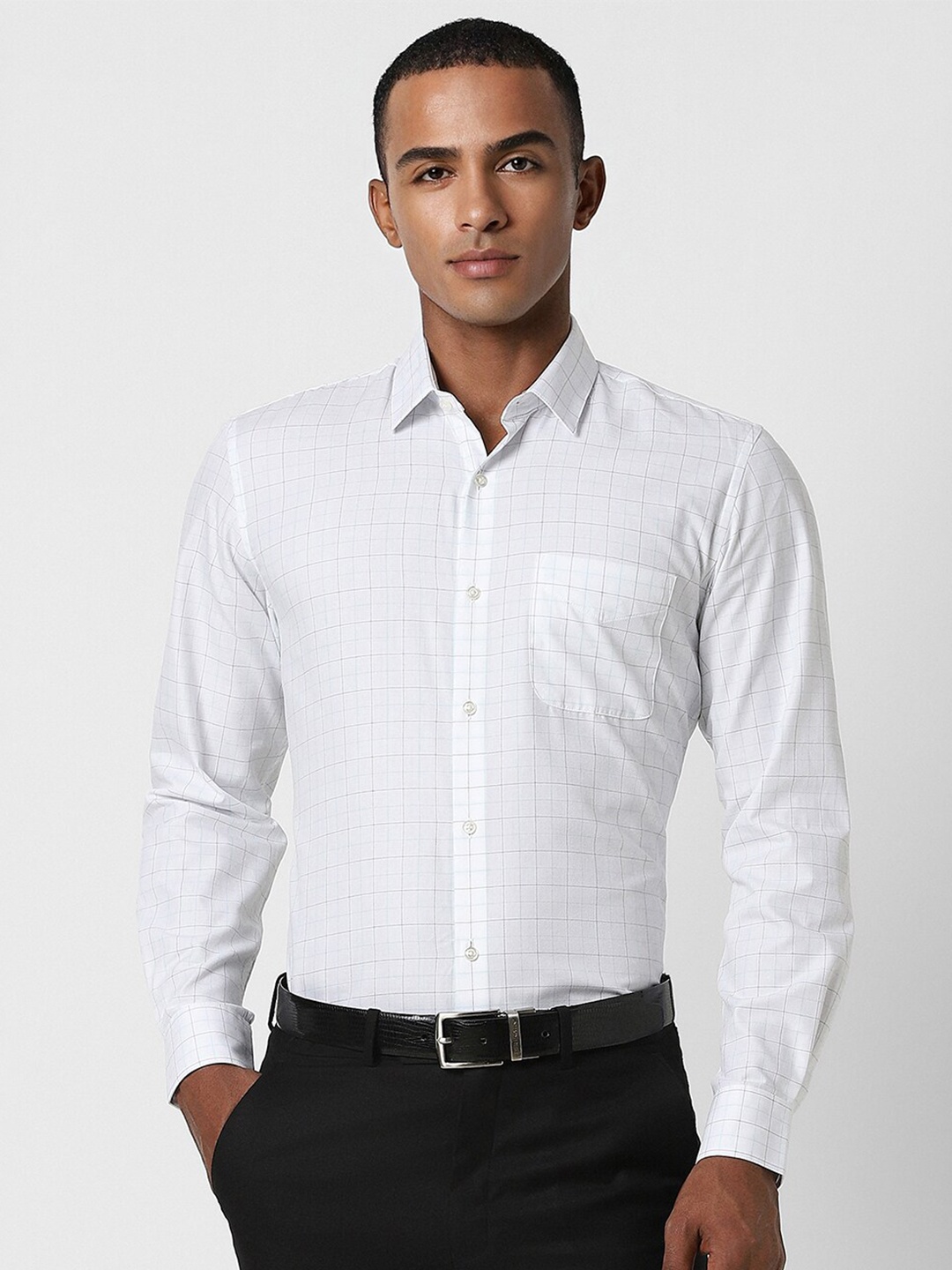 

Peter England Slim Fit Grid Tattersall Checked Spread Collar Formal Shirt, White
