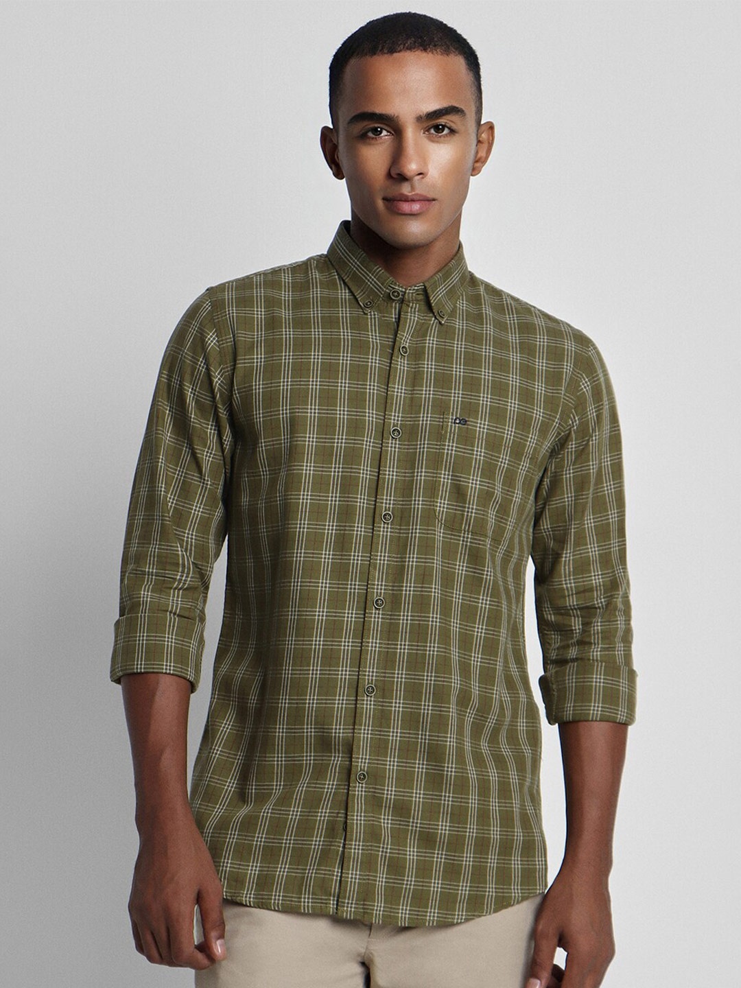 

Peter England Casuals Slim Fit Checked Button-Down Collar Pocket Cotton Casual Shirt, Olive