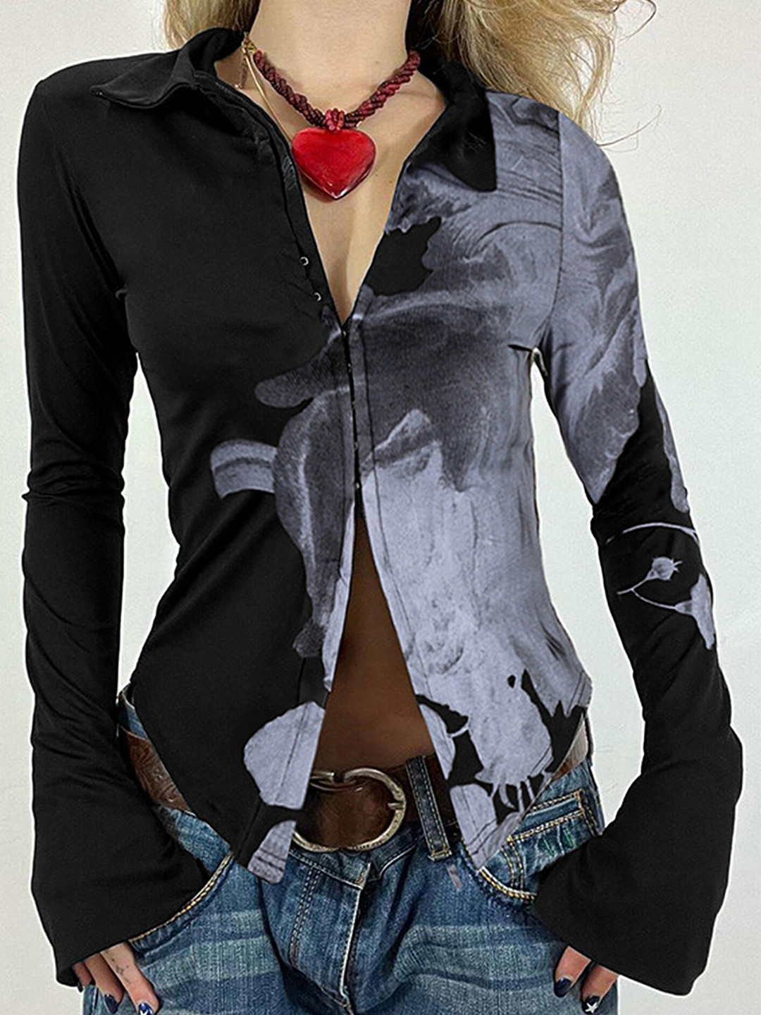 

LULU & SKY Absatrct Printed Shirt Collar Shirt Style Top, Black