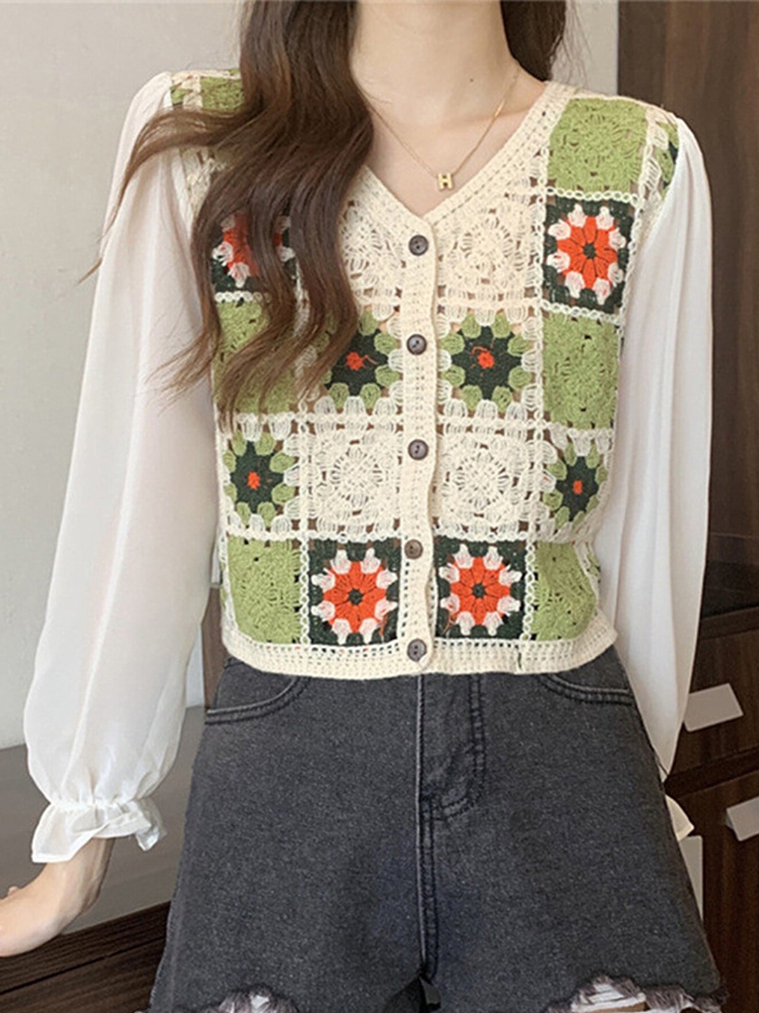 

LULU & SKY Floral Self Design Puff Sleeve Shirt Style Top, Green